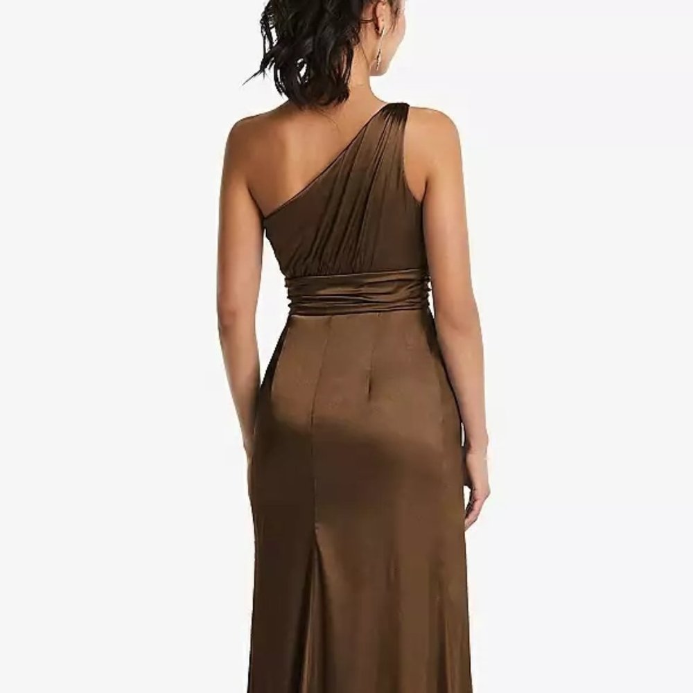 Dessy Collection TH063...One-Shoulder Draped Satin Maxi Dress...Latte...Size 8 - Picture 3 of 9